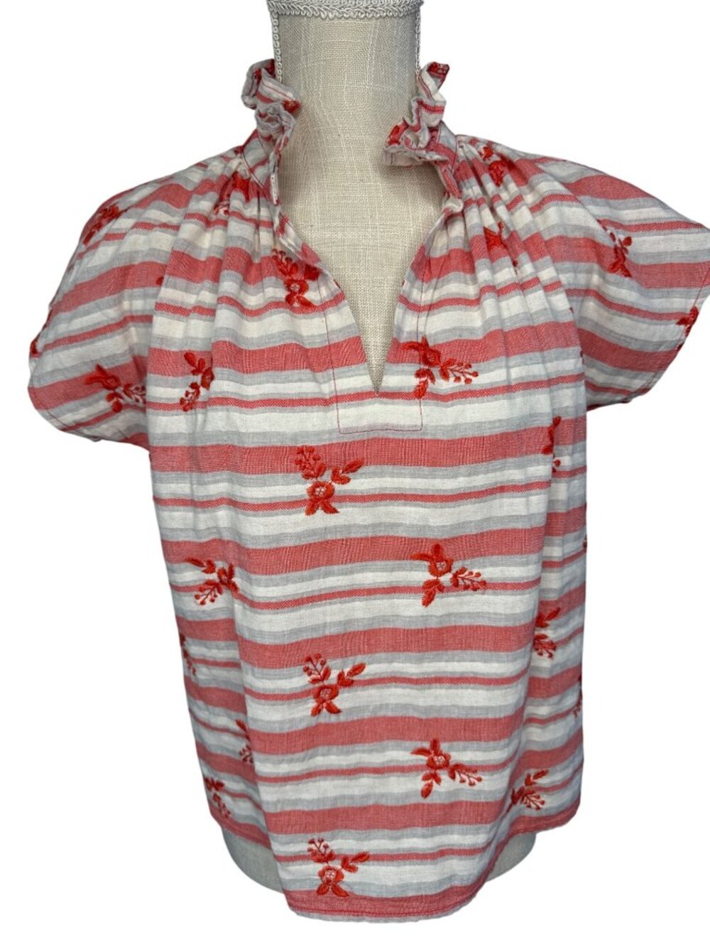Never A Wallflower S Red & White Striped Embroidered Floral Cotton Top Ruffled C